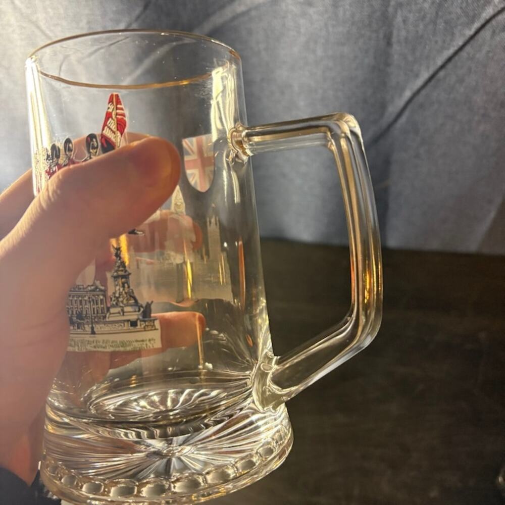 Clear Glass Gold-Rimmed Beer Stein Pint London British Scenes Heavy Bottom - Picture 6 of 10